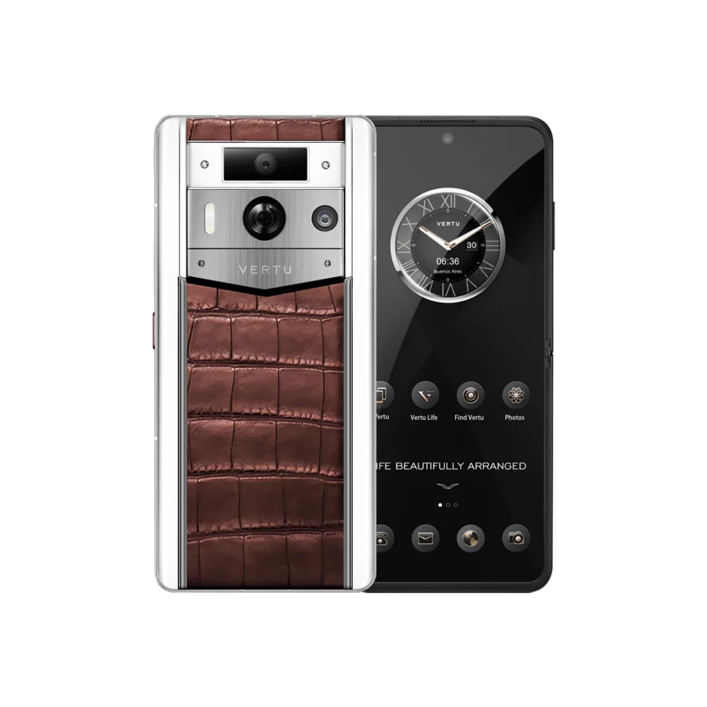 گوشی هوش مصنوعی وب3 با صفحه نمایش سفید متاورتو ۲ مکس، پوست تمساحی - قهوه‌ای کهربایی (قاب نقره‌ای)-سفیران همراه