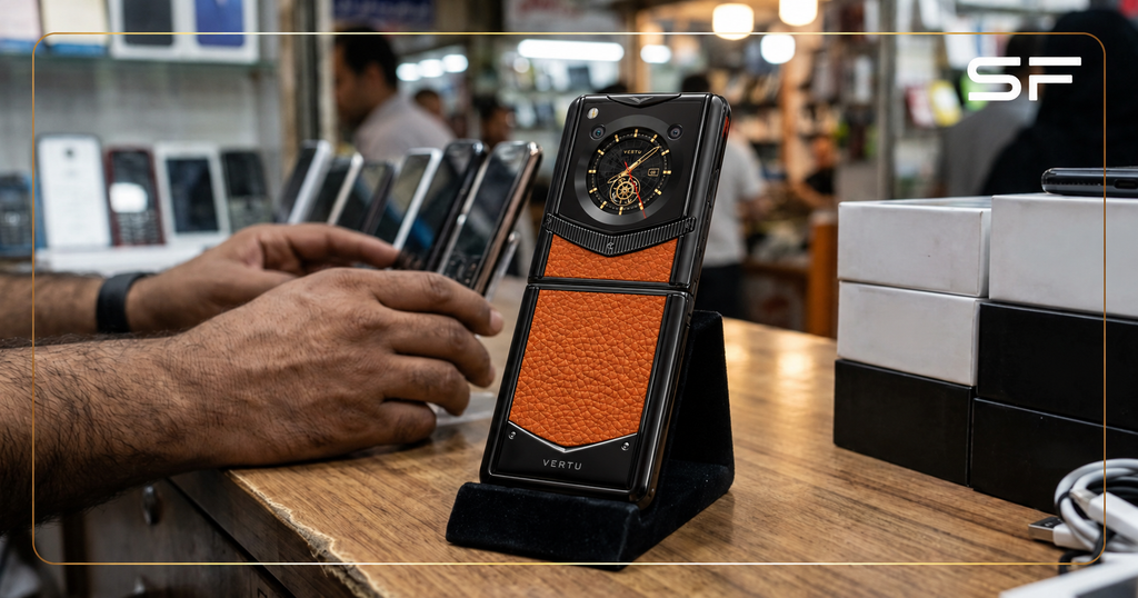 Orange leather Vertu phone on cradle